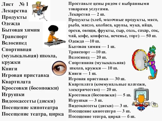 Лист № 1 Лекарства Продукты Одежда Бытовая химия Транспорт Велосипед Спортивная (музыкальная)