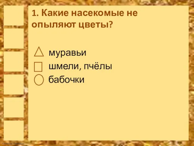 1. Какие насекомые не опыляют цветы? муравьи шмели, пчёлы бабочки