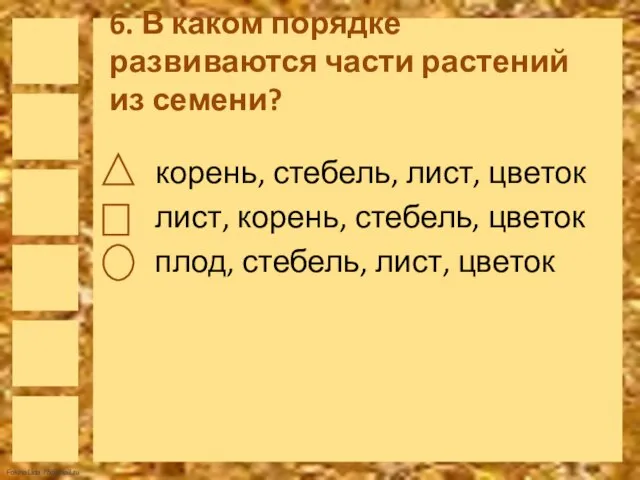 6. В каком порядке развиваются части растений из семени? корень, стебель, лист,