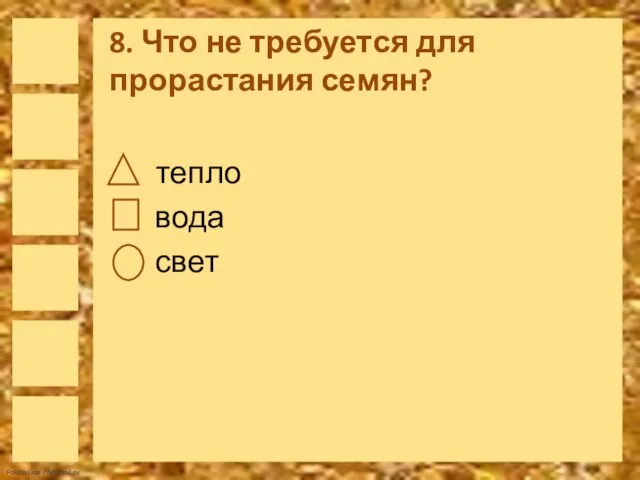 8. Что не требуется для прорастания семян? тепло вода свет