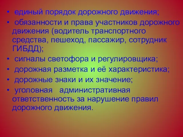 единый порядок дорожного движения; обязанности и права участников дорожного движения (водитель транспортного