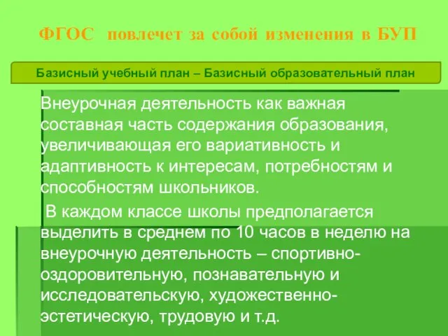 ФГОС повлечет за собой изменения в БУП Внеурочная деятельность как важная составная