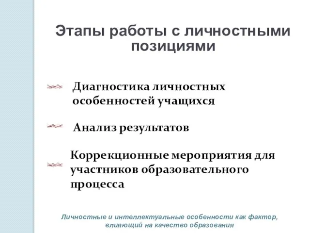 Этапы работы с личностными позициями Диагностика личностных особенностей учащихся Анализ результатов Коррекционные