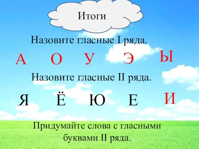 А О У Э Ы Итоги Назовите гласные I ряда. Назовите гласные