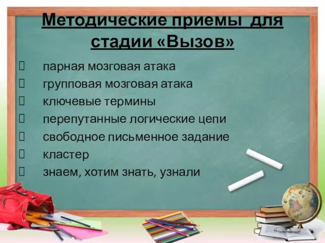 Методические приемы для стадии «Вызов» парная мозговая атака групповая мозговая атака ключевые