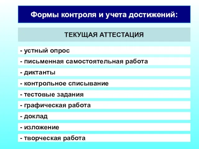 Формы контроля и учета достижений: ТЕКУЩАЯ АТТЕСТАЦИЯ - устный опрос - письменная