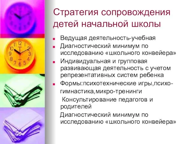 Стратегия сопровождения детей начальной школы Ведущая деятельность-учебная Диагностический минимум по исследованию «школьного