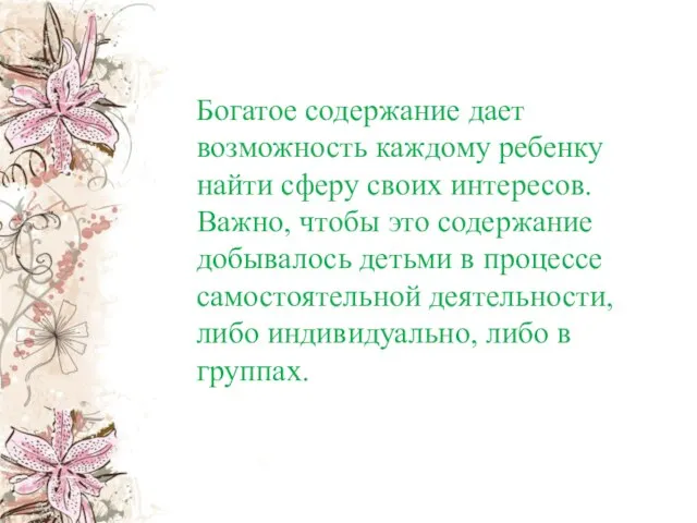 Богатое содержание дает возможность каждому ребенку найти сферу своих интересов. Важно, чтобы