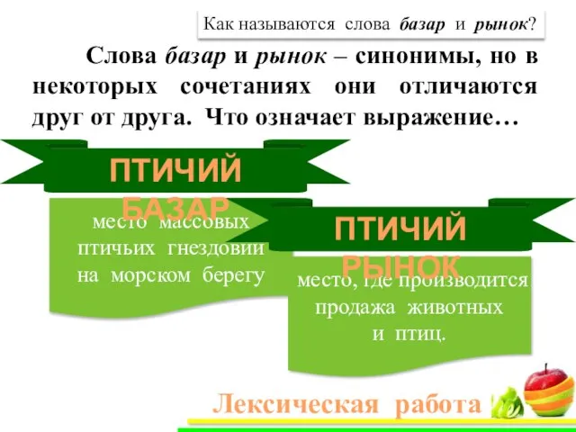 место массовых птичьих гнездовий на морском берегу Лексическая работа Слова базар и