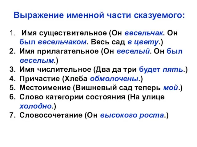 Выражение именной части сказуемого: Имя существительное (Он весельчак. Он был весельчаком. Весь