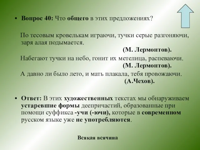 Вопрос 40: Что общего в этих предложениях? По тесовым кровелькам играючи, тучки