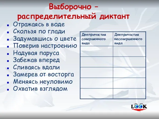 Выборочно – распределительный диктант Отражаясь в воде Скользя по глади Задумавшись о