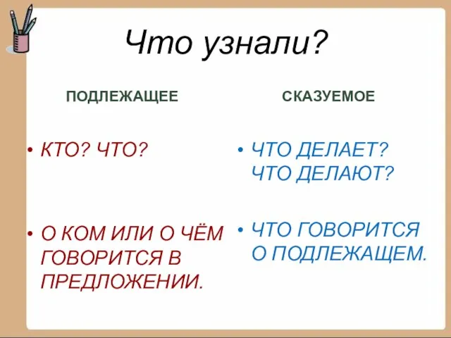 Что узнали? ПОДЛЕЖАЩЕЕ КТО? ЧТО? О КОМ ИЛИ О ЧЁМ ГОВОРИТСЯ В