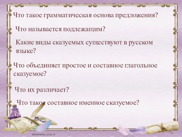 Что такое грамматическая основа предложения? Что называется подлежащим? Какие виды сказуемых существуют