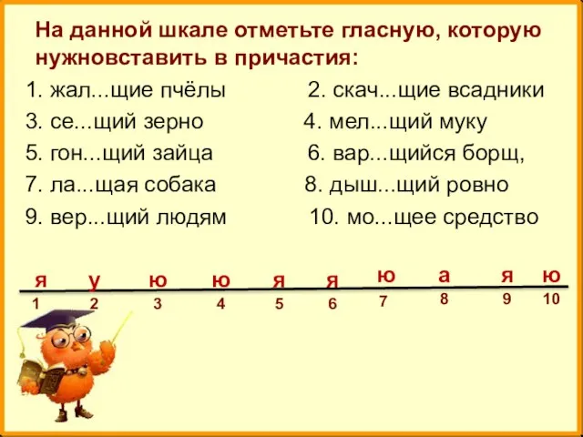 На данной шкале отметьте гласную, которую нужновставить в причастия: 1. жал...щие пчёлы