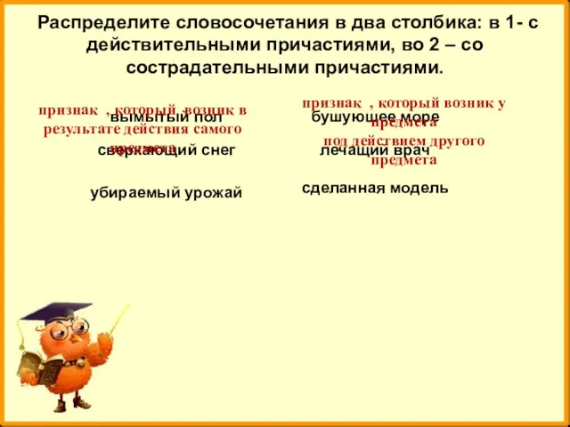 Распределите словосочетания в два столбика: в 1- с действительными причастиями, во 2