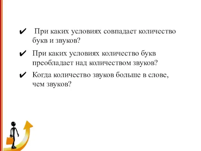 ПРОВЕРКА УСВОЕНИЯ ЗНАНИЙ При каких условиях совпадает количество букв и звуков? При