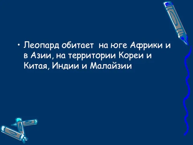 Леопард обитает на юге Африки и в Азии, на территории Кореи и Китая, Индии и Малайзии