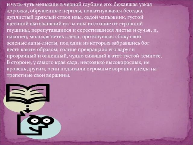 и чуть-чуть мелькали в черной глубине его: бежавшая узкая дорожка, обрушенные перилы,