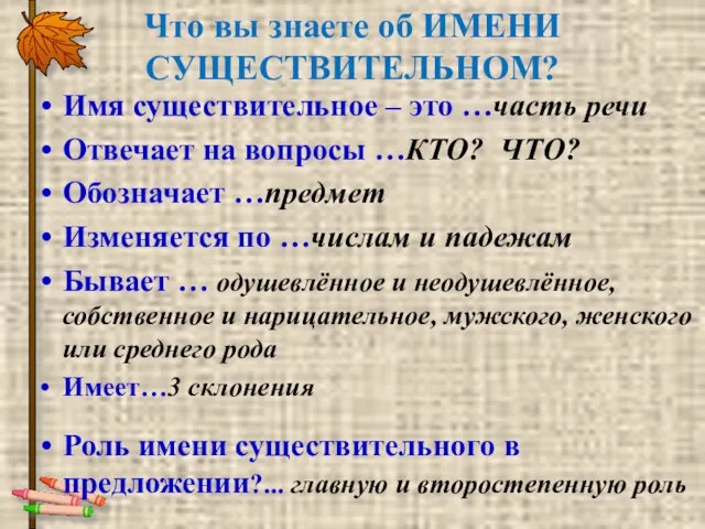 Что вы знаете об ИМЕНИ СУЩЕСТВИТЕЛЬНОМ? Имя существительное – это …часть речи