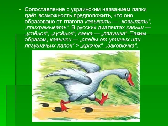 Сопоставление с украинским названием лапки даёт возможность предположить, что оно образовано от