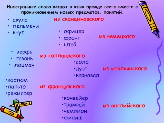 Иностранные слова входят в язык прежде всего вместе с проникновением новых предметов,