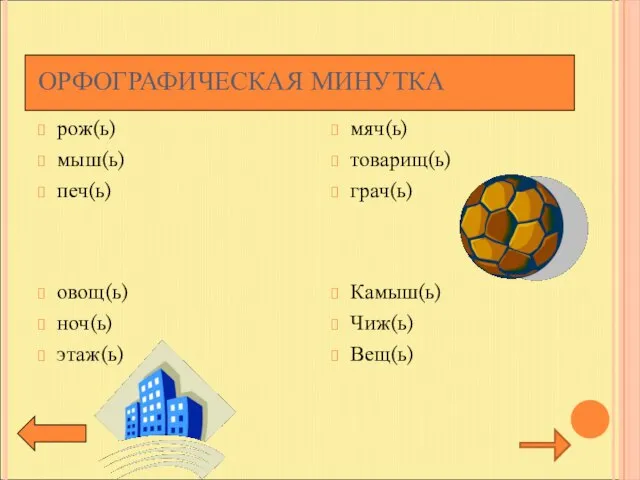 ОРФОГРАФИЧЕСКАЯ МИНУТКА рож(ь) мыш(ь) печ(ь) мяч(ь) товарищ(ь) грач(ь) овощ(ь) ноч(ь) этаж(ь) Камыш(ь) Чиж(ь) Вещ(ь)