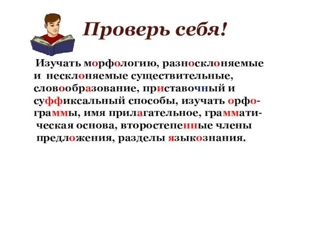 Проверь себя! Изучать морфологию, разносклоняемые и несклоняемые существительные, словообразование, приставочный и суффиксальный