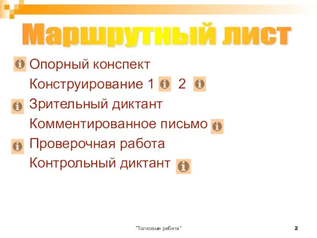 "Толковые ребята" Опорный конспект Конструирование 1 2 Зрительный диктант Комментированное письмо Проверочная