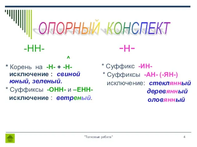 "Толковые ребята" -НН- ^ * Корень на -Н- + -Н- исключение :