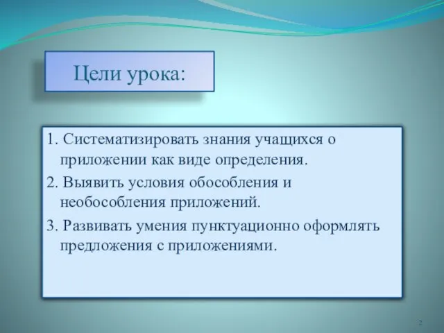 Цели урока: 1. Систематизировать знания учащихся о приложении как виде определения. 2.