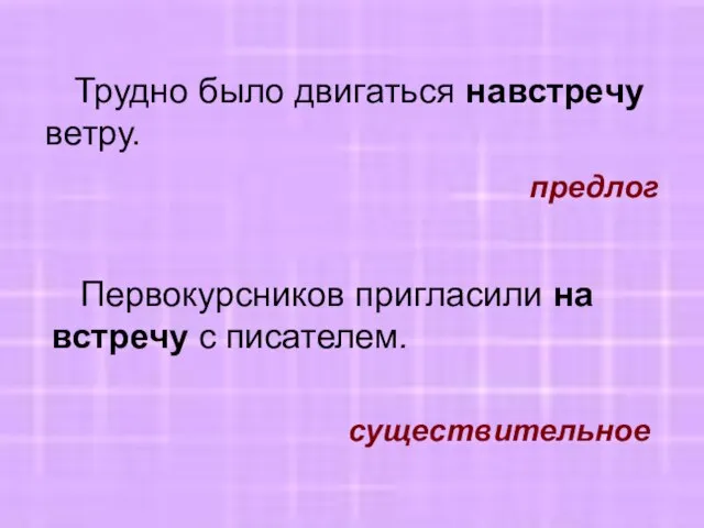 Трудно было двигаться навстречу ветру. Первокурсников пригласили на встречу с писателем. предлог существительное