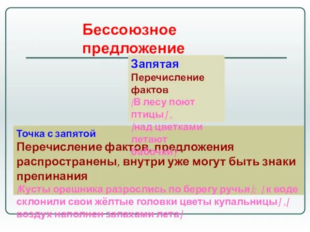 Бессоюзное предложение Точка с запятой Перечисление фактов, предложения распространены, внутри уже могут