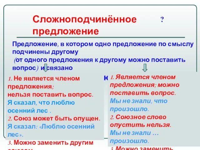 Сложноподчинённое предложение Предложение, в котором одно предложение по смыслу подчинены другому (от