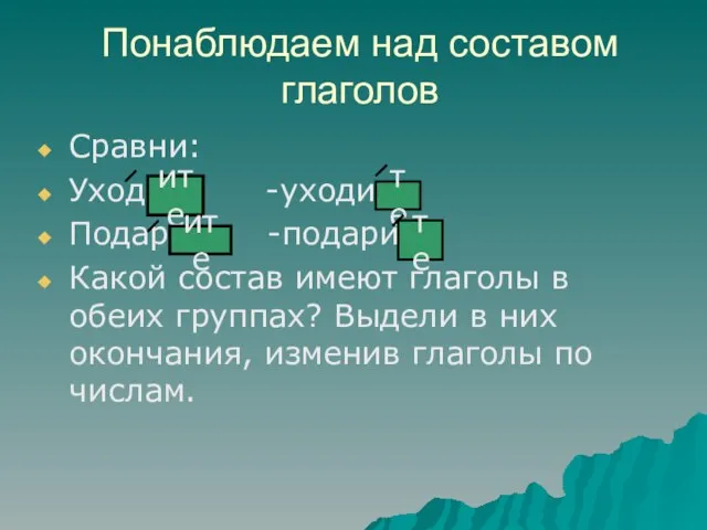 Понаблюдаем над составом глаголов Сравни: Уходите -уходите Подарите -подарите Какой состав имеют