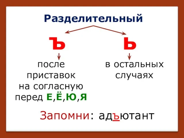 Разделительный ъ ь после приставок на согласную перед Е,Ё,Ю,Я в остальных случаях Запомни: адъютант