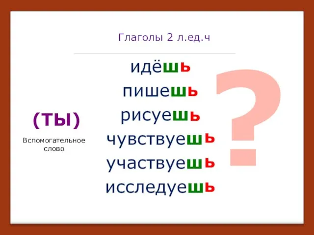 ь Глаголы 2 л.ед.ч ь ь ь ь ь (ТЫ) Вспомогательное слово ?