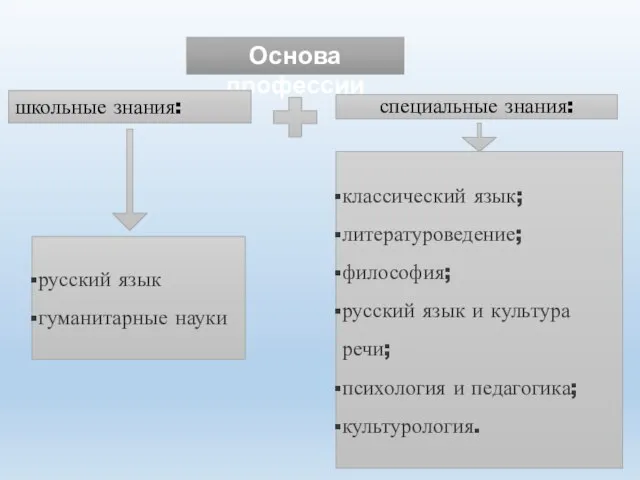 Основа профессии школьные знания: специальные знания: русский язык гуманитарные науки классический язык;