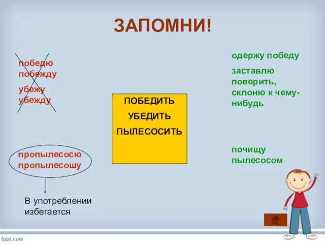 ЗАПОМНИ! ПОБЕДИТЬ УБЕДИТЬ ПЫЛЕСОСИТЬ одержу победу заставлю поверить, склоню к чему-нибудь почищу пылесосом В употреблении избегается