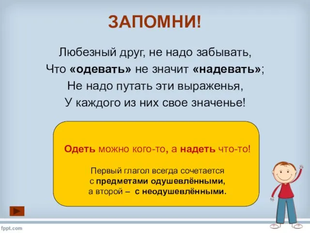 Любезный друг, не надо забывать, Что «одевать» не значит «надевать»; Не надо