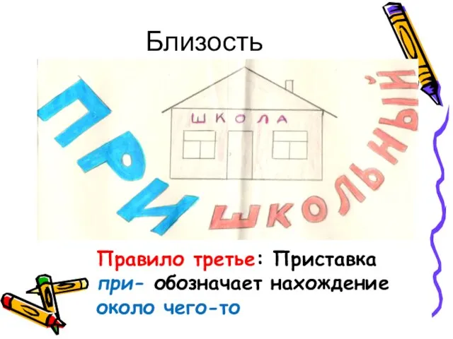 Близость Правило третье: Приставка при- обозначает нахождение около чего-то