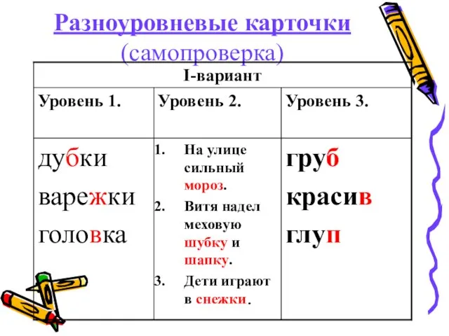 Разноуровневые карточки (самопроверка)