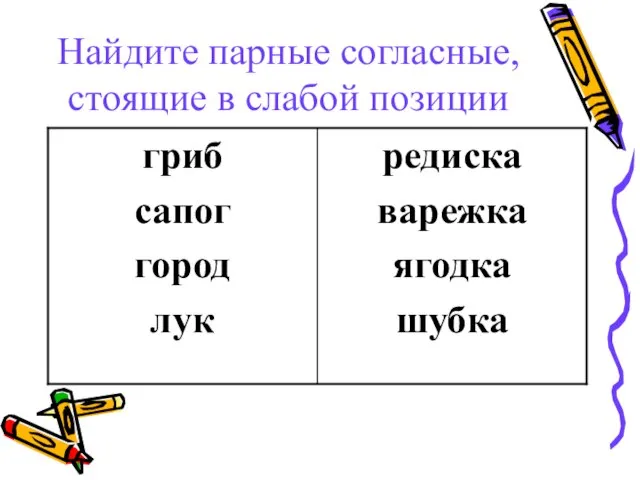 Найдите парные согласные, стоящие в слабой позиции