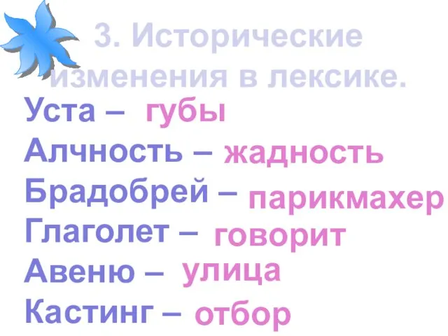 3. Исторические изменения в лексике. Уста – Алчность – Брадобрей – Глаголет