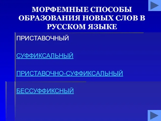 МОРФЕМНЫЕ СПОСОБЫ ОБРАЗОВАНИЯ НОВЫХ СЛОВ В РУССКОМ ЯЗЫКЕ ПРИСТАВОЧНЫЙ СУФФИКСАЛЬНЫЙ ПРИСТАВОЧНО-СУФФИКСАЛЬНЫЙ БЕССУФФИКСНЫЙ