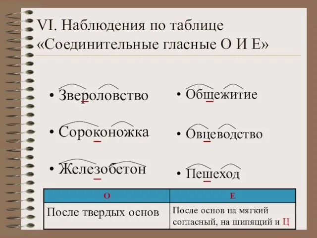 VI. Наблюдения по таблице «Соединительные гласные О И Е» Звероловство Сороконожка Железобетон Общежитие Овцеводство Пешеход