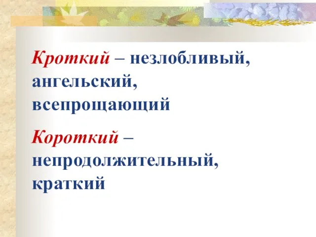 Кроткий – незлобливый, ангельский, всепрощающий Короткий – непродолжительный, краткий