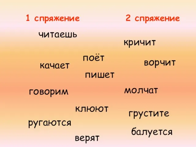 1 спряжение 2 спряжение качает пишет клюют ругаются кричит молчат читаешь ворчит