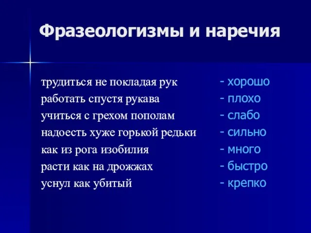 Фразеологизмы и наречия трудиться не покладая рук работать спустя рукава учиться с