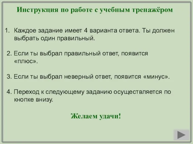 Инструкция по работе с учебным тренажёром Каждое задание имеет 4 варианта ответа.